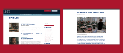 Screens from the BPI website displaying the blog feed page, and a single article titled "20 Years of Bard Behind Bars."