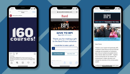 Three iPhones displaying (from left to right), an Instagram GIF post about the 160 courses offered by BPI, the BPI donation web page, and an eBlast thanking BPI donors for their support.
