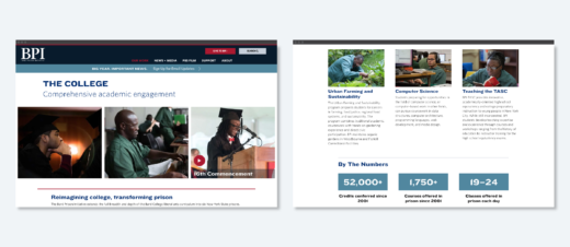 Screens from the BPI website featuring information about "The College", with photos of alumni and students, and information about courses offered.
