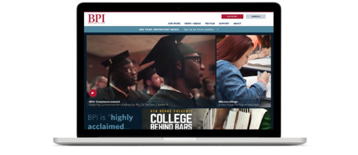 Laptop displaying BPI homepage that features an image of a commencement ceremony, a student writing at a desk, and art for the "College Behind Bars" film.